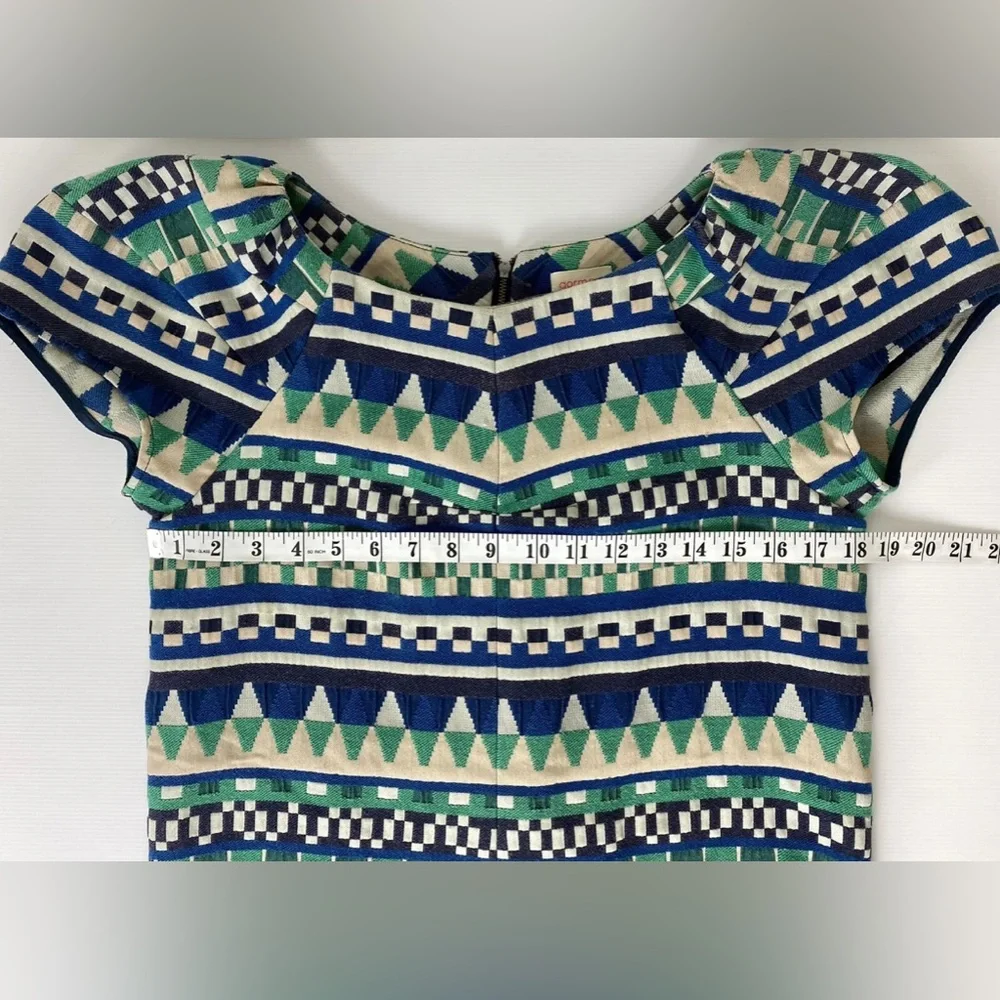 Gorman Women’s Shift Dress Blue Green Beige Aztec Short Puff Sleeve Size S 8 - Picture 11 of 12